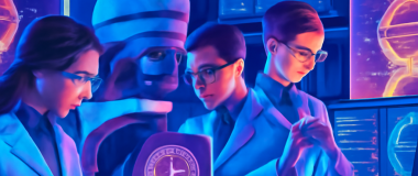 kuva futuristisesta kaupungista yöllä neonvalojen loisteessa, taustalla näkyy pilvenpiirtäjiä ja hologrammeja, katu täynnä ihmisiä ja ajoneuvoja